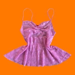 90's 00's vintage pink heart print chiffon y2k babydoll lingerie tank top MEDIUM